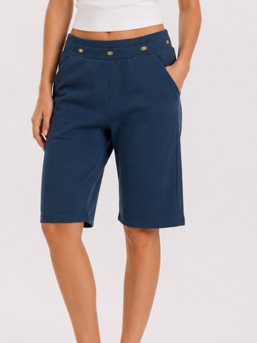 Blue Capri Shorts Side Pockets Waist Detail Size M